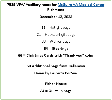 Text Box: 7589 VFW Auxiliary items for McGuire VA Medical Center RichmondDecember 12, 202311 = Hat gift bags21 = Hat/scarf gift bags30 = Walker Bags34 = Stockings66 = Christmas Cards with Thank you coins50 Additional bags from KellanovaGiven by Lascetta Pattow Fisher House34 = Quilts in bags   